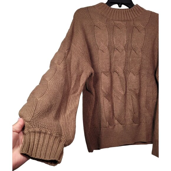 Women's Cable Knit Sweater Long Sleeve Pullover Crew-Neck Coffee Brown Medium - Picture 3 of 8
